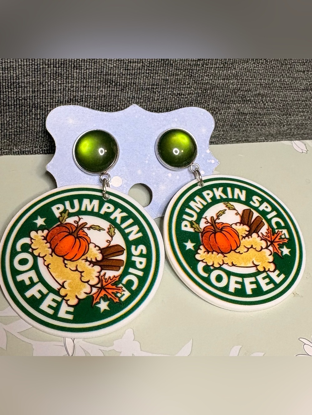 Pumpkin Spice Coffee Dangle Earrings in Green